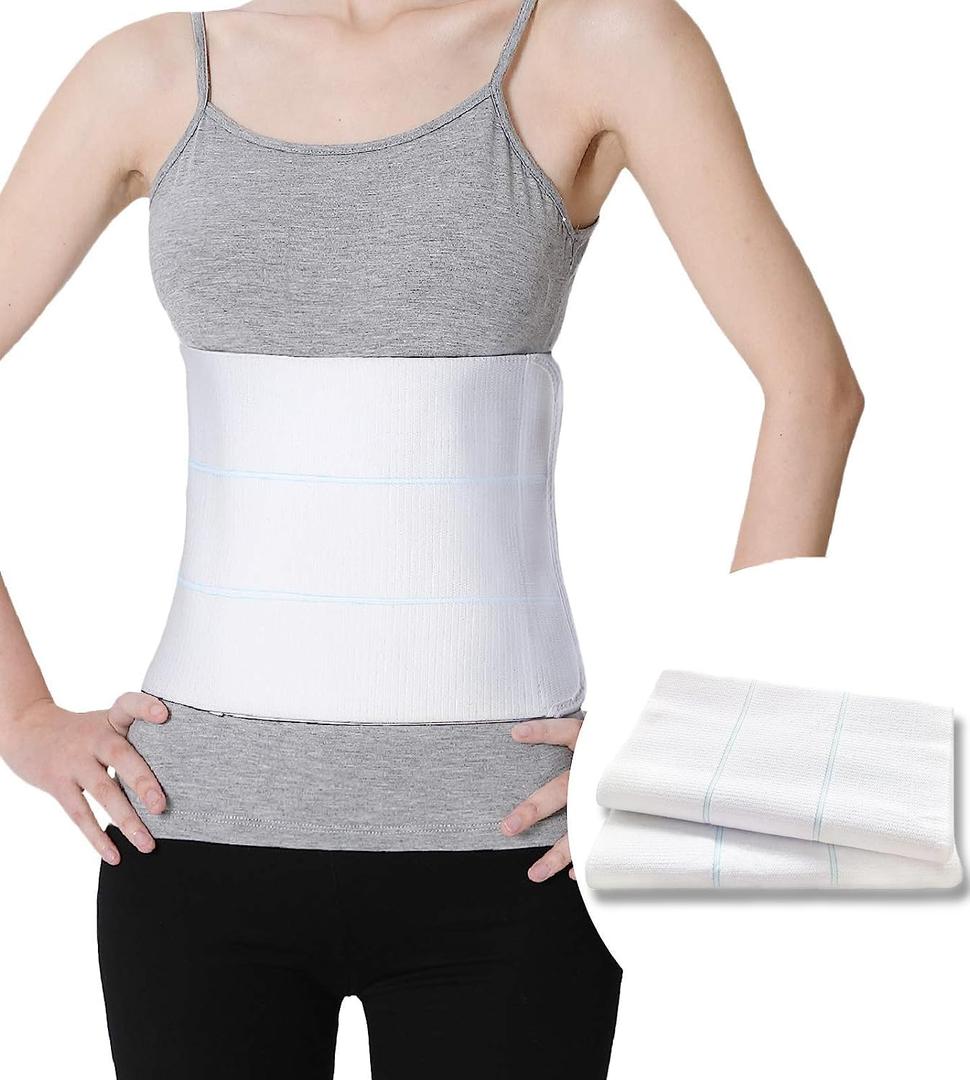 S 2 Pack Abdominal Binder Post Surgery Stomach Compression for Men and Women, Tummy Tuck Belt Belly Band Stomach Wrap, High Elasticity, Breathable - (60" - 75") 3 PANEL - 9" WHITE