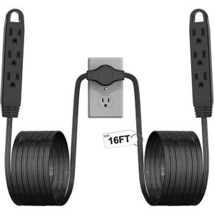 3-Prong 16FT Twin Extension Cord with 6 Outlets - Slim Design for Home Furniture, 16FT Double Cord 8 FT Each Side in Black Color