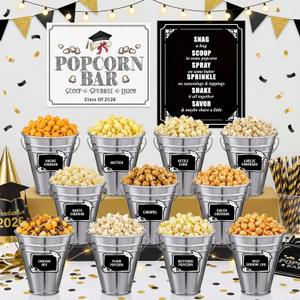 32 Pcs Graduation Party Popcorn Bar Supplies Class of 2026 Candy Buffet Decoration 12 Metal Snack Buckets with 2 Paper Popcorn Bar Signs 18 Food Label for 2026 Grad Party(Graduation)