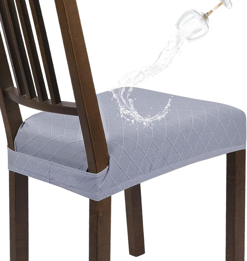 SearchI Water Repellent Dining Chair Seat Covers Set of 4, Washable Stretch Seat Covers for Dining Chairs, Rear-Covered Dining Room Seat Cover Protector(Check Light Grey)
