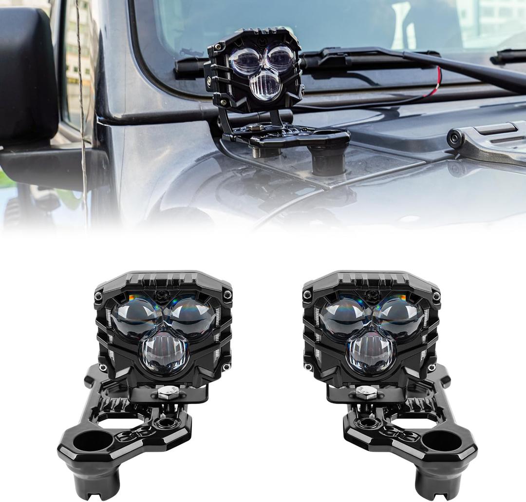 2-Pack 2.5inch Three-Eye 30W Spotlight 5400LM with JL A-Pillar Windshield Hinge Mounting Brackets Wiring Harness Kit, for Wrangler JL/JLU 2018-2023 Gladiator JT 2020-2023