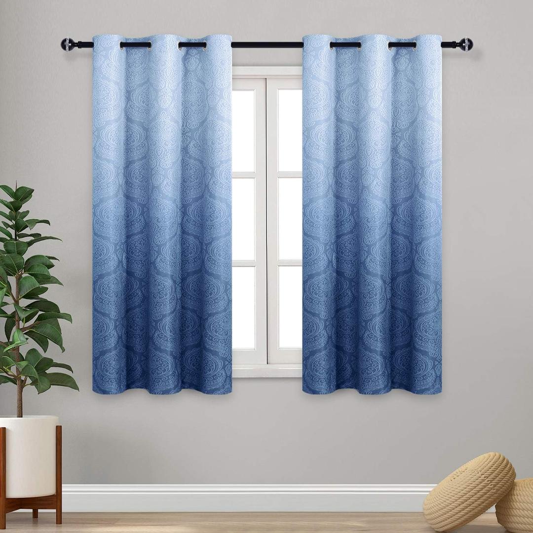DWCN Ombre Blackout Curtains for Bedroom - Damask Patterned Thermal Insulated Energy Saving Grommet Curtains for Living Room, Set of 2 Gradient Window Curtain Panels, 42 x 54 Inch Length, Navy Blue
