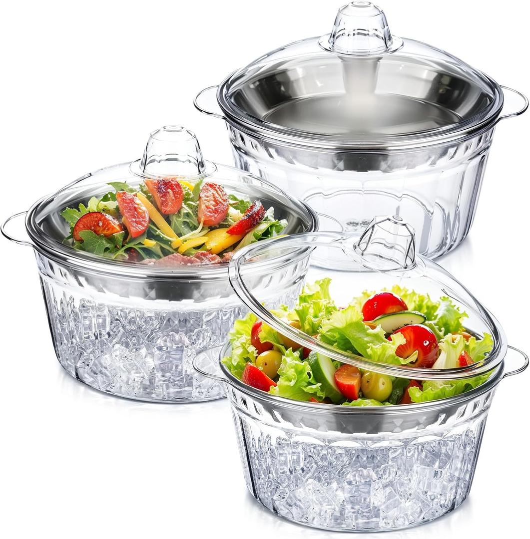 Baderke 3 Set 8.54 Chilled Salad Bowl with Ice Chiller Base and Lid Chilled Serving Trays with Stainless Steel Plate Cold Food for Party Outdoor Picnic(Classic Bowl,Stainless Steel Gray)