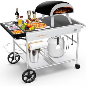 Pizza Oven Table Grill Cart with Pizza Topping Station Movable Food and Prep Workcart Outdoor Grill Table Stand for Ninja Woodfire Blackstone Griddle Cuisinart etc Grill, Barbecue tool set