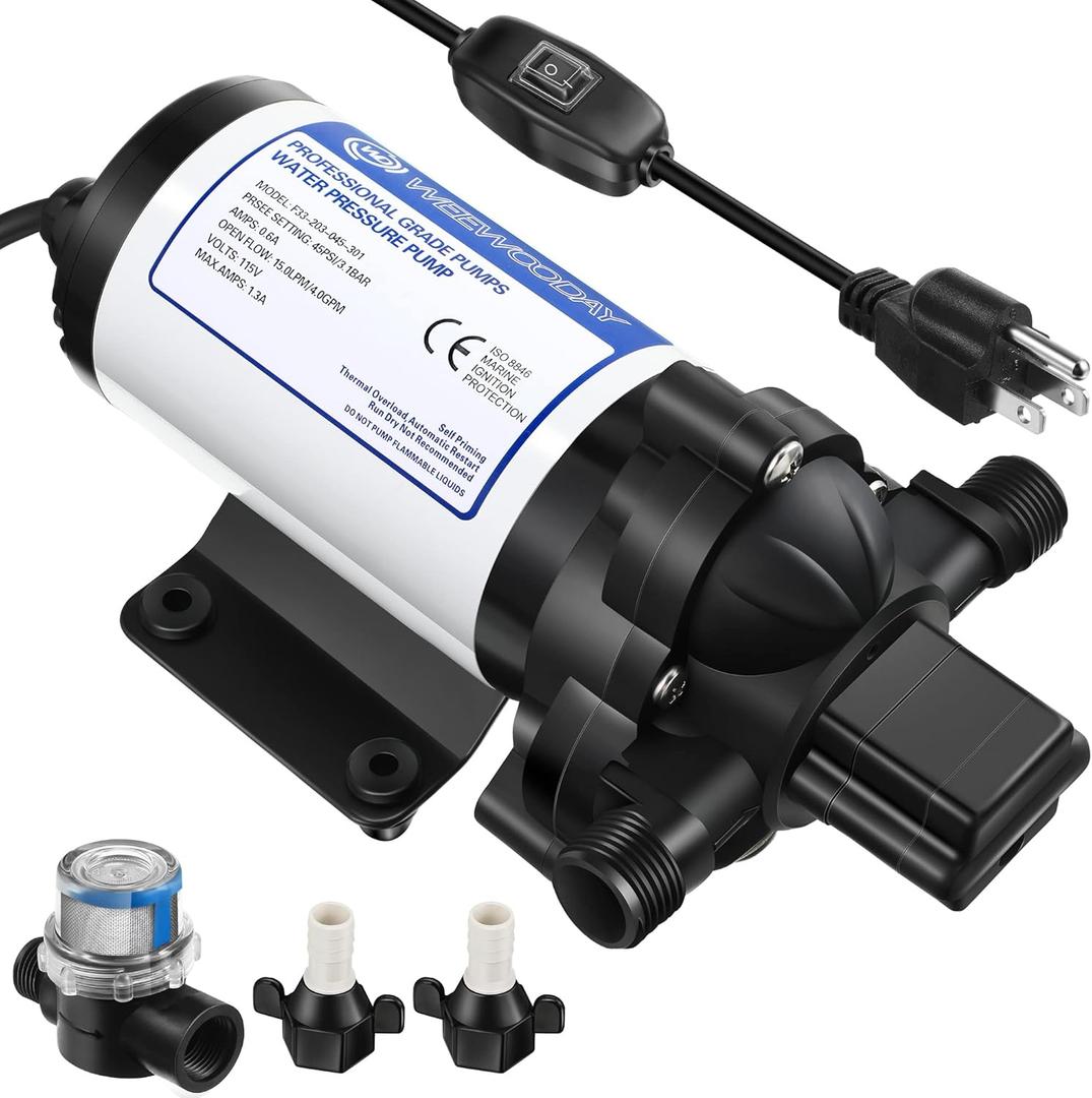 Diaphragm Water Pressure Pump 115V 4 GPM 45 PSI with extension On/Off Switch, Industrial Self Priming Pump, Household Fitting Strainer Filter for Kitchen Bathroom Rv Marine Yacht Caravan, Garden Hose
