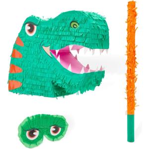 Large Green Dinosaur Pinata with Stick & Blindfold for Kids Boys Dino Birthday Party Decorations Supplies, 20 x 13.75 x 5.5 in