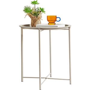 VECELO Side/End Table, Folding Round Metal Anti-Rust and Waterproof Outdoor or Indoor Tray for Living Room Bedroom Balcony and Office, 1 PCS, Grey
