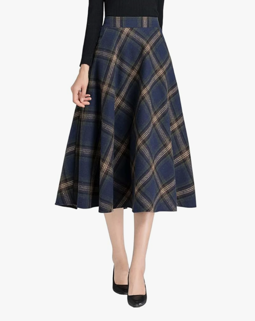 IDEALSANXUN Women's Plaid Wool Skirts Elastic Waist A-Line Pleated Tartan Long Skirts, S Mid-Calf Navy