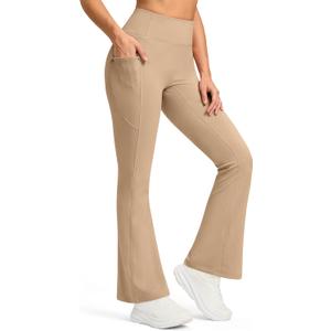 G Gradual Fleece Lined Leggings for Women No Front Seam High Waist Thermal Flare Pants with Pockets for Winter, Hiking, Yoga (Medium, Khaki)