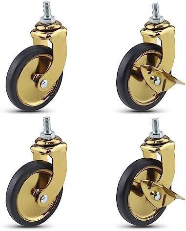 3" stem Caster Wheels,Hotel Restaurant Trolley casters Set of 4 (2with brake 2without, Gold plating),threaded stem 8 * 15mm,Lightweight Total Capacity 160lbs