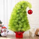 3 FT Small Christmas Tree Tabletop Decoration Whimsical Bendable Lime Green Christmas Artificial Tree with Red Ball Ornaments Xmas Holiday Desk Decoration for Home Office Table Fireplace