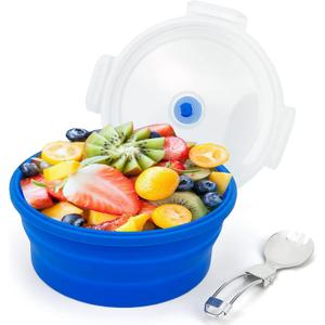 1200ml Large Collapsible Lunch Bowl With Lid, Camping Bowls with Foldable Spoon, Silicone Bento Box, For Meal Prep & Food Storage, Space Saving In Cabinet, Microwave Dishwasher Safe, Blue