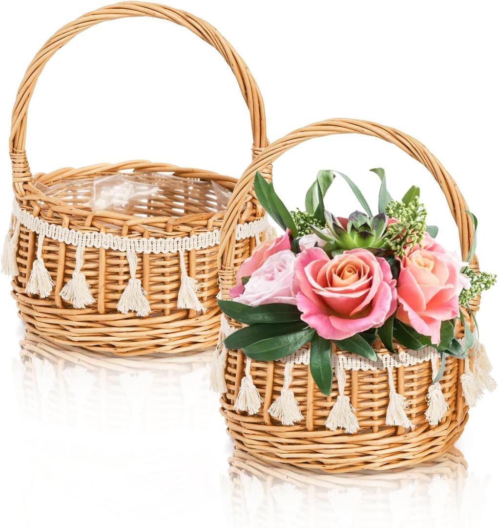 2 Pack Flower Girl Basket, Small Wicker Basket with Silk Petals, White Ribbon, Plastic Liner, Decorative Woven Willow Rattan Basket for Wedding, Gifts, Camping, Home Decor