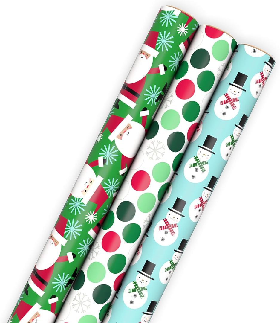 Hallmark Christmas Wrapping Paper with Cutlines on Reverse (3 Rolls: 90 Sq. Ft. Total) Santa Claus, Polka Dots, Snowmen