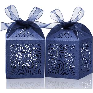COTOPHER 100Pcs Laser Cut Favor Boxes, 2x2x2.75in Small Gift Boxes for Presents, Party Wedding Favors Boxes with Ribbon, Mini Candy Boxes for Event Bridal Shower Anniversary Birthday Christmas, Navy