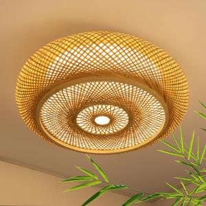 23.6 in Bamboo Woven Rattan-Style Ceiling Light, Boho Ceiling Light Fixture with Remote, LED Dimmable Ceiling Light, Boho Light Fixture for Bedroom Living Room Dining Room Light