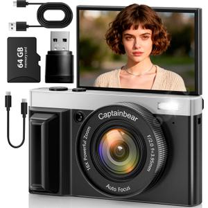 4K Digital Camera,64MP Cameras for Photography with 16X Digital Zoom, AutoFocus Vlogging Camera for YouTube, 3" 180Flip Screen Compact Travel Camera, Anti-Shake 4K Video Cameras (Black)