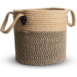 Jute Rope Basket - 10"x10" Woven Plant Pot Holder with Handles, Boho Indoor/Outdoor Planter Cover, Multifunctional Storage (small, Brown and Black)