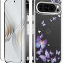 GVIEWIN for Google Pixel 9 Case/Pixel 9 Pro Case, [Screen Protector] [Military Grade Protection] Clear Floral Slim Shockproof Protective Women Phone Case Cover for Pixel 9 (Alluring Butterfly/Purple)