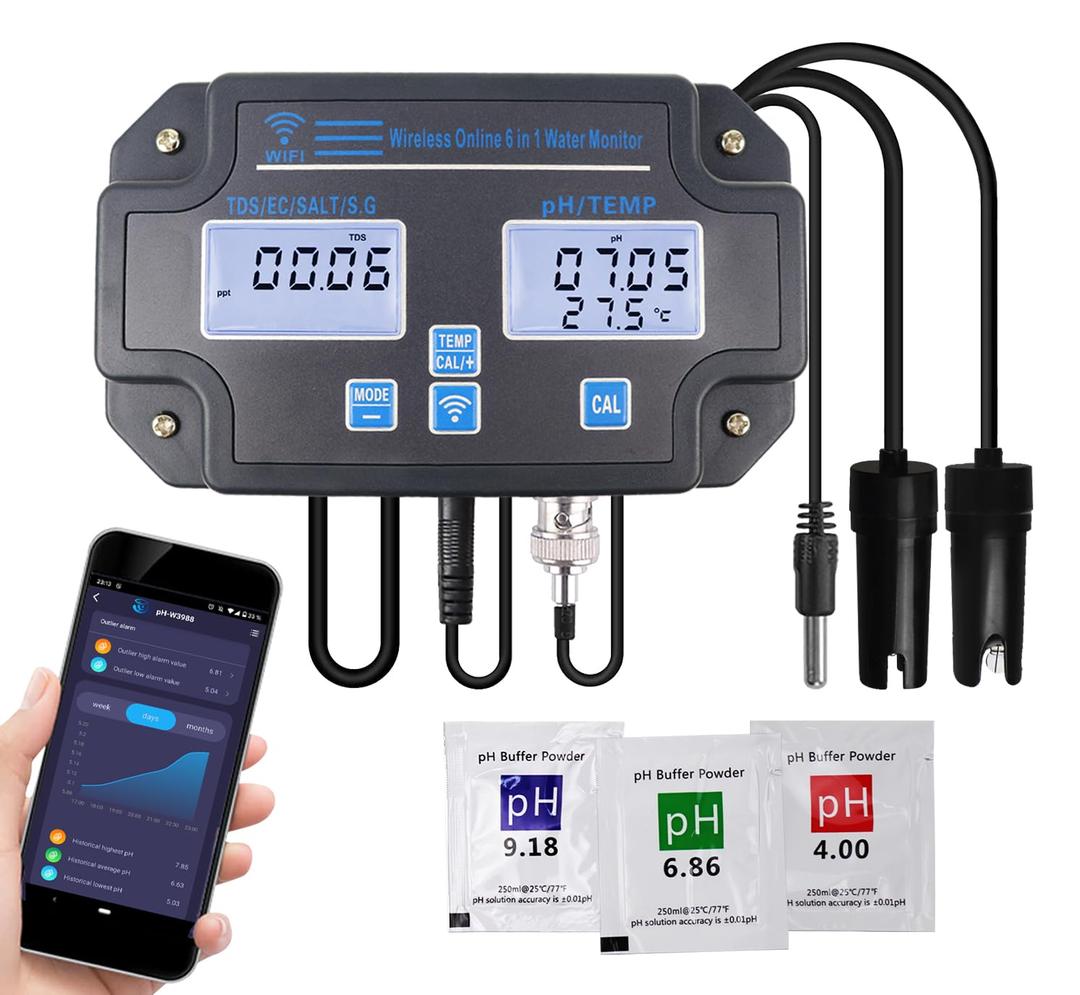 Smart Water Quality Tester 6-in-1 pH/EC/TDS/Salinity/S.G and Temperature Meter with Wi-Fi Continuous Monitor Wall-Mounted pH Water Meter with ATC and Easy Calibration for Aquariums, Hydroponics