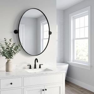 Pivot Oval Mirror 19.7x27.55 Inch Black Metal Tilting Wall Mirrors for Bathroom Vanity Living Room | Adjustable Frame & Shatter-Resistant Glass