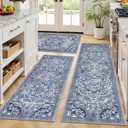 Ileading Boho Kitchen Rugs Sets 3 Piece with Runner Floral Kitchen Floor Mat Carpet Farmhouse Kitchen Rugs and Mats Non Skid Washable Runner Rug for Kitchen Floor Office Sink Laundry, Blue (20"x32"+20"x48"+20"x59")