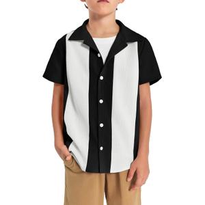 Haloumoning Boys Shirts Button Down Short Sleeve Shirt Striped Casual Summer Beach Shirts 5-14 Years (Black)