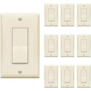 ENERLITES 3-Way Decorator Paddle Rocker Light Switch with Wall Plate, Gloss Finish, Single Pole or Three Way, 3 Wire, Grounding Screw, 15A 120V/277V, UL Listed, 93150-LAWP, Light Almond (10 Pack)