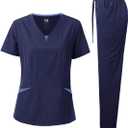 Dagacci Medical Uniform Women's Scrubs Set 4-Way Stretch Split Contrast Net V-Neck Scrub Top and Pants (Large)