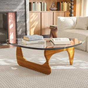 Modern Glass Coffee Table - Mid Century Design for Living Room, Rustic Oval Coffee Table with Tempered Glass Top & Wood Base (32.2in, Walnut Transparent)