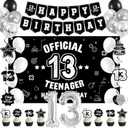 Vlipoeasn Happy 13th Birthday Decoration for Boys Girls, Black White Official Teenager Backdrop Banner, Cake Topper, Hanging Swirls, 13 Year Old Birthday Party Decor Supplies for Outside Inside