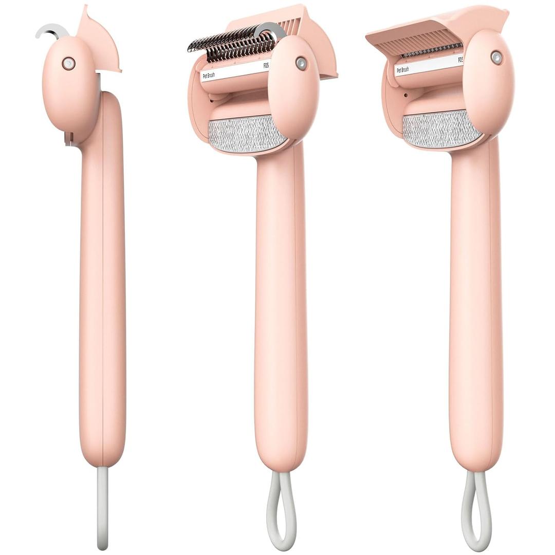 4 x Self Cleaning Grooming Brush for Shedding Pets Rake Gently Removes Loose Undercoat Mats Tangled (Pink)