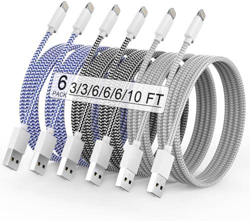 Pack of 5, iPhone Charger 6Pack(3/3/6/6/6/10FT) Apple MFi Certified Fast Charging Lightning Cable iPhone Charger Cord Nylon Braided for iPhone 14 13/12/11 Pro Max/XS MAX/XR/XS/X/8/7/Plus/6S iPad and More