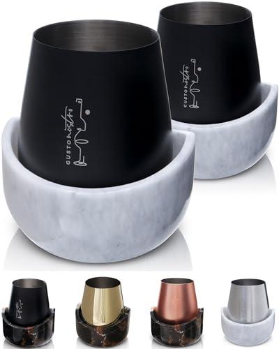 Gusto Nostro White Marble Wine Chiller for Glass and Stainless Steel Tumbler Set of 2 - Freezable Wine Glass Chiller Holder - Cool Set of Chillers and Stemless Metal Wine Tumblers for Home Bar (Black),Damage 1 Pcs