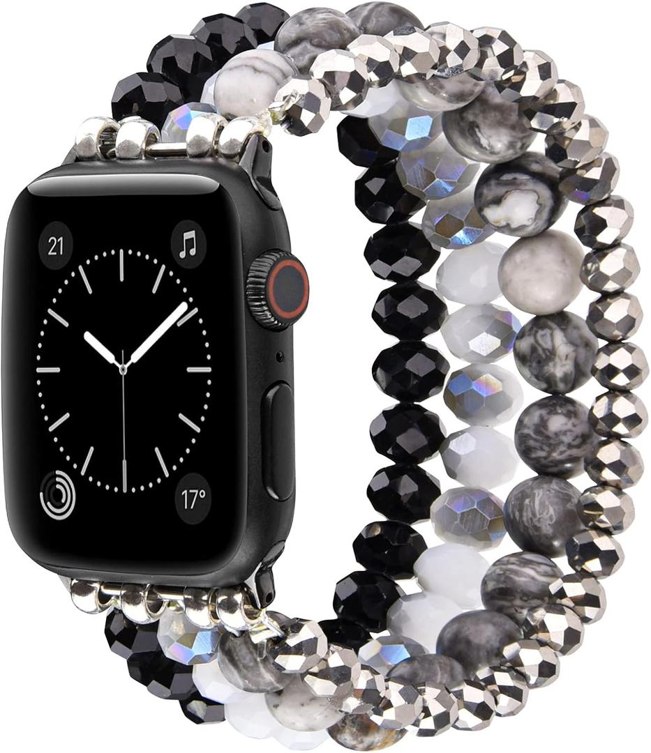 CAGOS Bracelet Beaded Compatible with Apple Watch Band Series 9/8/7/6/5/4/3/2/1 SE 38mm 40mm 41mm 42mm 44mm 45mm, Cute Handmade Fashion Elastic Stretchy iWatch Bands for Womens (Grey/Black, 38mm/40mm/41mm/42mm(Series 10))