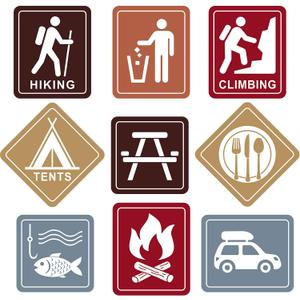 Blulu 9 Pcs Camping Themed Party Decorations, 10-11.8 Inch Laminated Camping Sign Cutouts, Picnic Theme Party Signs, Climbing Fishing Tents Campfire Trash Car Paper Cutouts with 40 Glue Point Dots