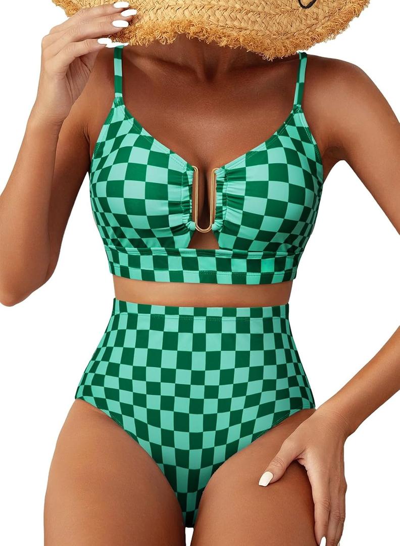 Herseas Womens 2 Piece High Waisted U Wire Bikini Set Floral Print Swimsuit Crisscross Back Bathing Suit Beach Swimwear (Small, Green Checkered)