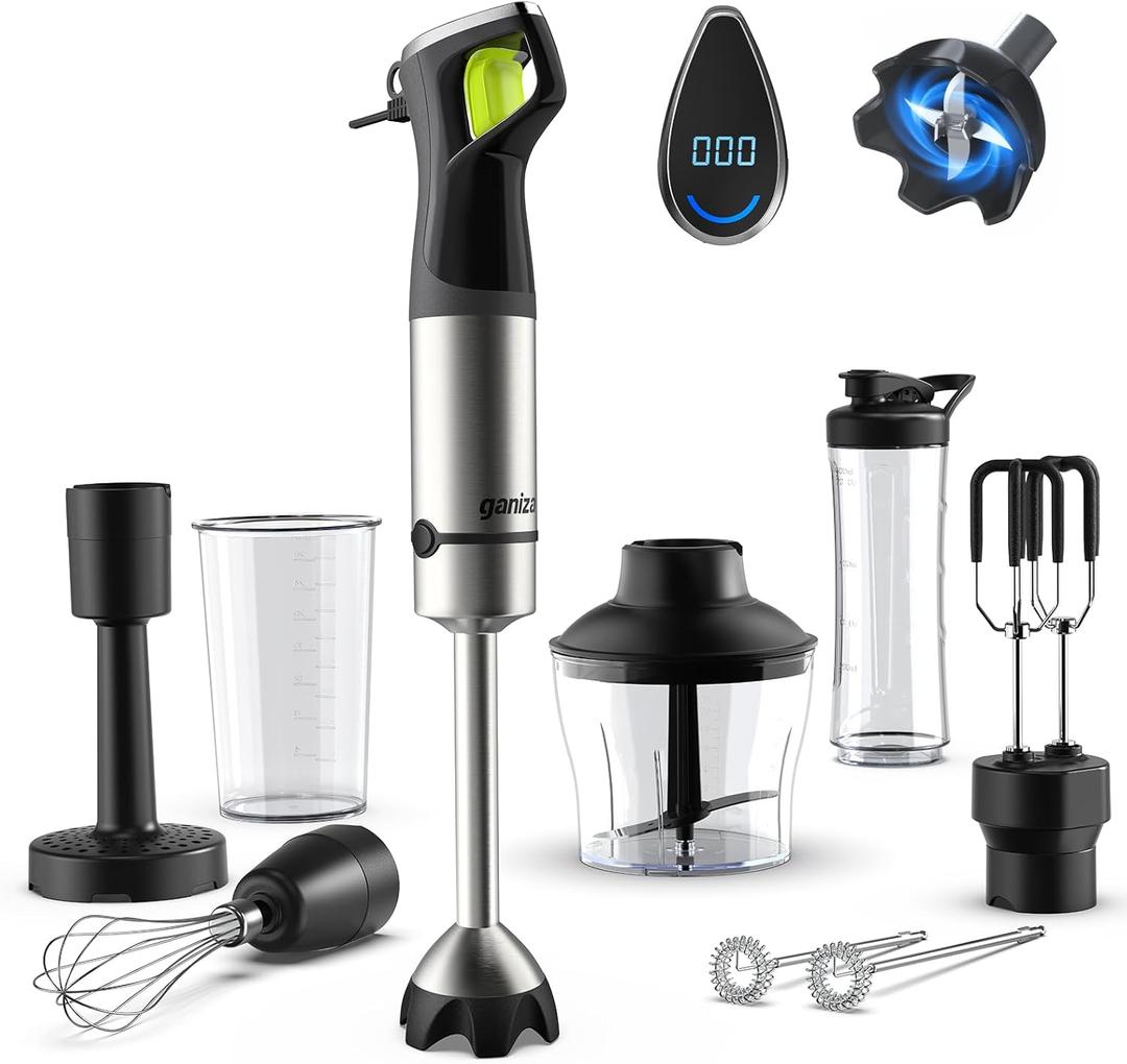 Ganiza Immersion Blender, Max 1200W Heavy Duty Hand Blender with Time Display & Variable Speed Trigger, 9-in-1 Electric Handheld Mixer with Chopper Whisk Frother Beaker Ideal for Soup Puree Smoothies (Black)