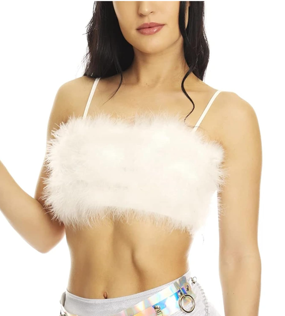 Women Rave Festival Feather Crop Tops Faux Fur Spaghetti Straps Tube Top for Concert Club Party S