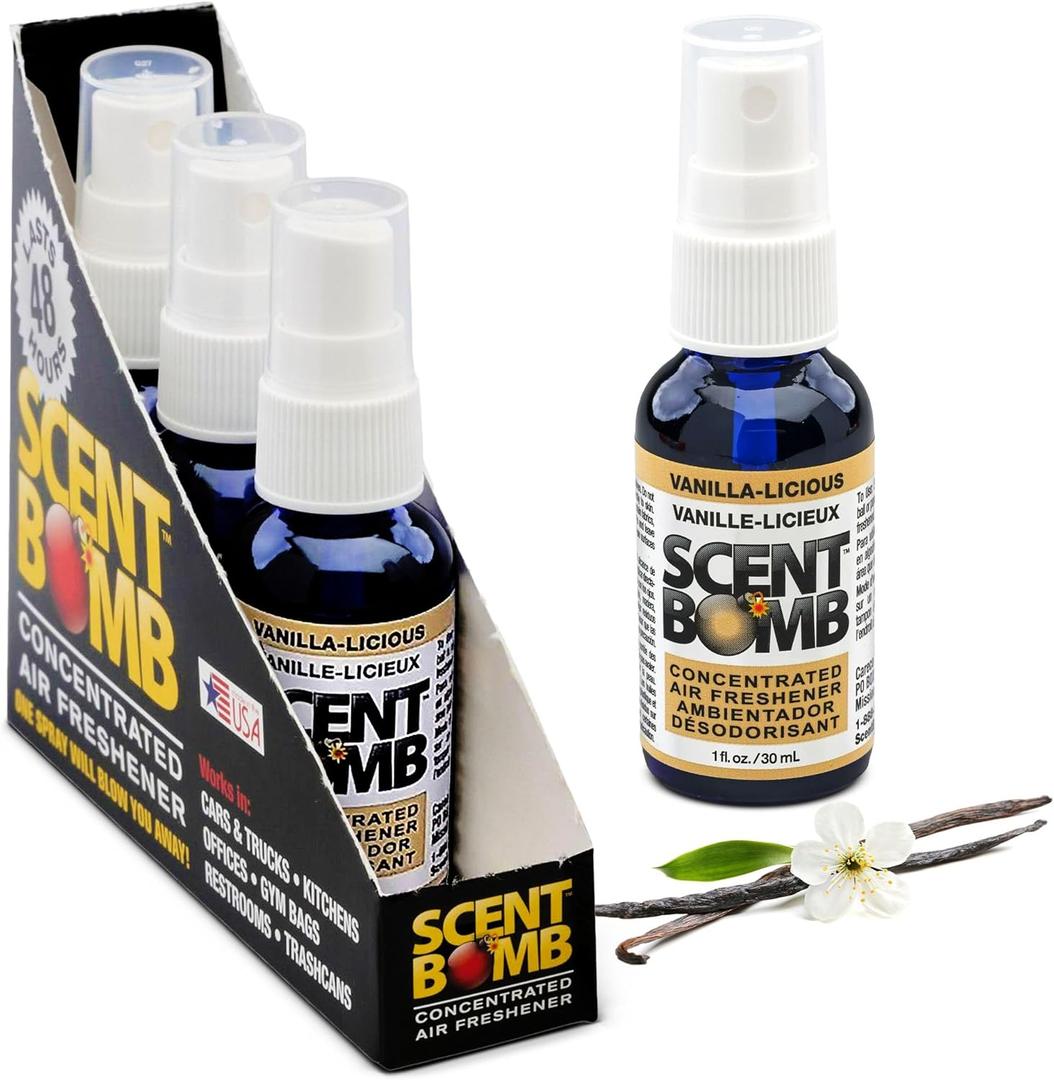 Scent Bomb Air Freshener Spray, Long-Lasting Odor Eliminator - Effective Deodorizer for Home & Car, Fresh Room Spray for Kitchen, Bathroom & Smell Neutralizer - 1 oz Pack of 4, Vanilla-liscious Scent