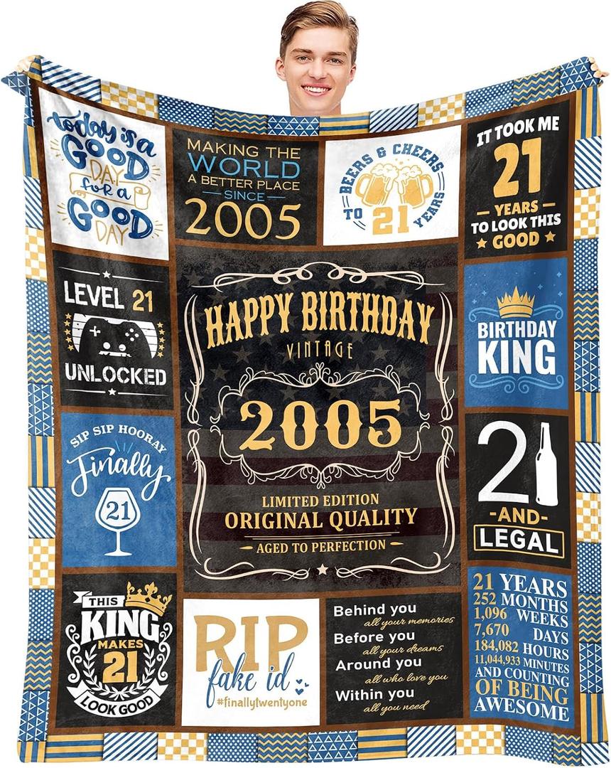 21st Birthday Gifts for Him, Cool 21st Birthday Gifts for Boy, Presents for 21st Birthday Male, 21 Year Old Birthday Gifts for Him, Happy 21st Birthday Decorations for Men Throw Blanket 50" x 60"