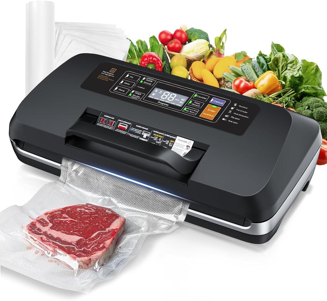 Vacuum Sealer for Food,75 Kpa Precision Suction Power 6-in-1 Food Sealer with Digital Timer, Dry & Moist Food Modes, Compact Design with 10 Vacuum Bags & Built-in Cutter