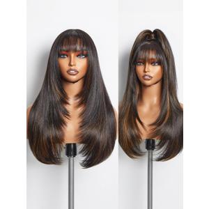 GORGIUS Highlight Straight Layered Wigs with Bangs Glueless Black Mixed Brown Wig 22 Inch Put On Go Wigs Crafted with Style-Archive Premium Fiber Natural Hairline (Highlight Black Mixed Brown)
