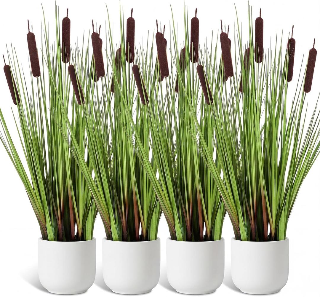 Jexine 4 Pack 2ft/24inch Artificial Grass Plant Outdoor Artificial Greenery Grass in Pot with Fake Brown Cattails for Spring Room Office Indoor Outdoor Decor Housewarming Gifts
