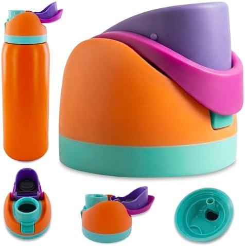 Water Bottle Replacement Lids – Compatible with 16oz, 24oz, 32oz & 40oz Bottles – 2-in-1 Drinking Options | One-Button Flip Water Bottle Top Replacement with Leak-Resistant Seal (Orange/Purple) Pack of 2