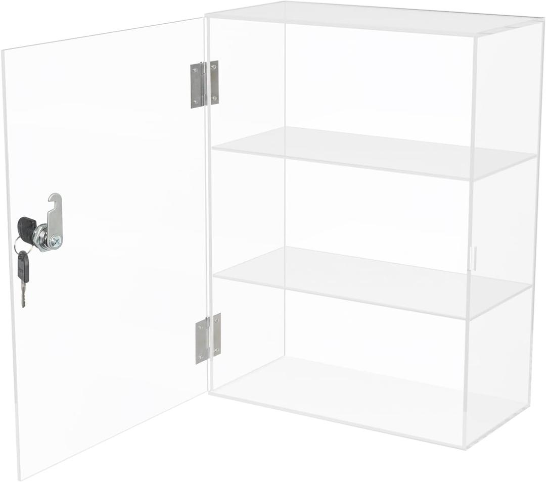 Choowin 3 Shelf Acrylic Display Case with Lock Key, Clear Locking Display Case Showcase Cabinet with Fixed Shelves - Safe Storage for Collectibles, 12x6x16 inch (Fixed 3 Shelf 12x6x16 inch)