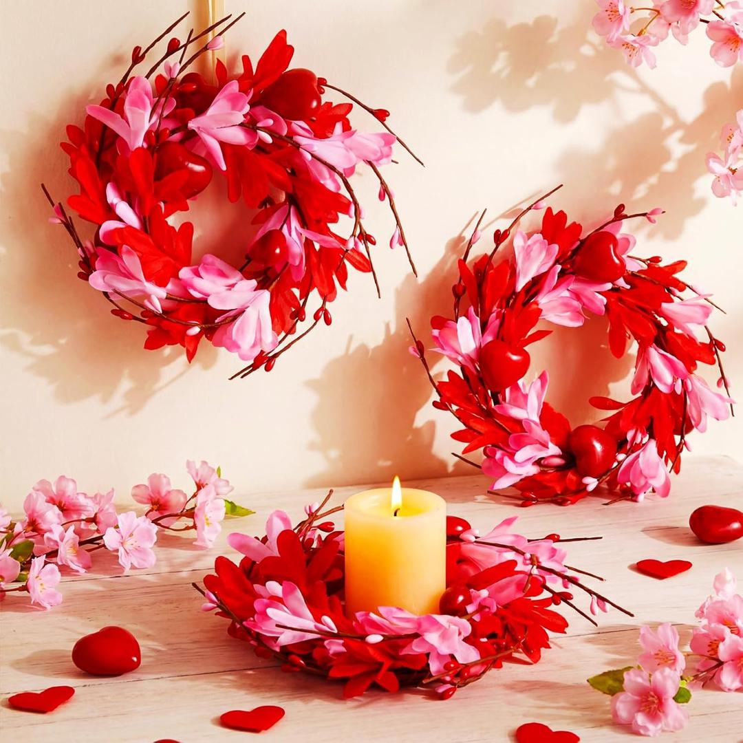 Suncalla 4 Pcs Valentine Candle Rings Wreaths 9" Red Pink Heart Berry Candle Holder Mini Kitchen Cabinet Wreaths Table Centerpiece for Window Front Door Flowers Wedding Anniversary Party Decoration