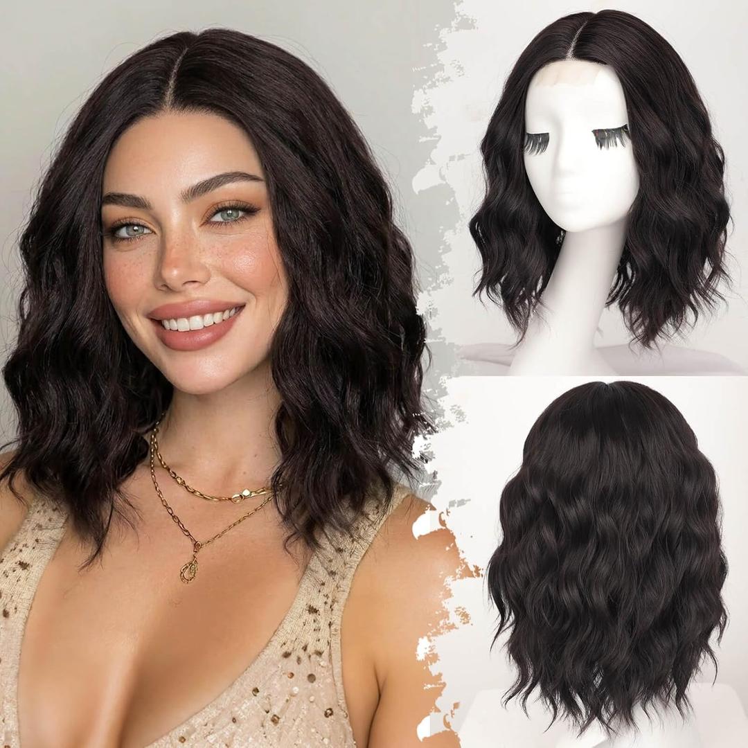 Eawwii Dark Chocolate Brown Short Wavy Wig for Women Lace Hairline Bob Style Synthetic Heat Resistant - Natural Appearance for Everyday Hairstyle 14 Inch