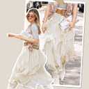 Wyeysyt Women's Ruffle Maxi Skirt Flowy Long Layered Skirts A Line Tiered Trendy Skirt (Beige, L)