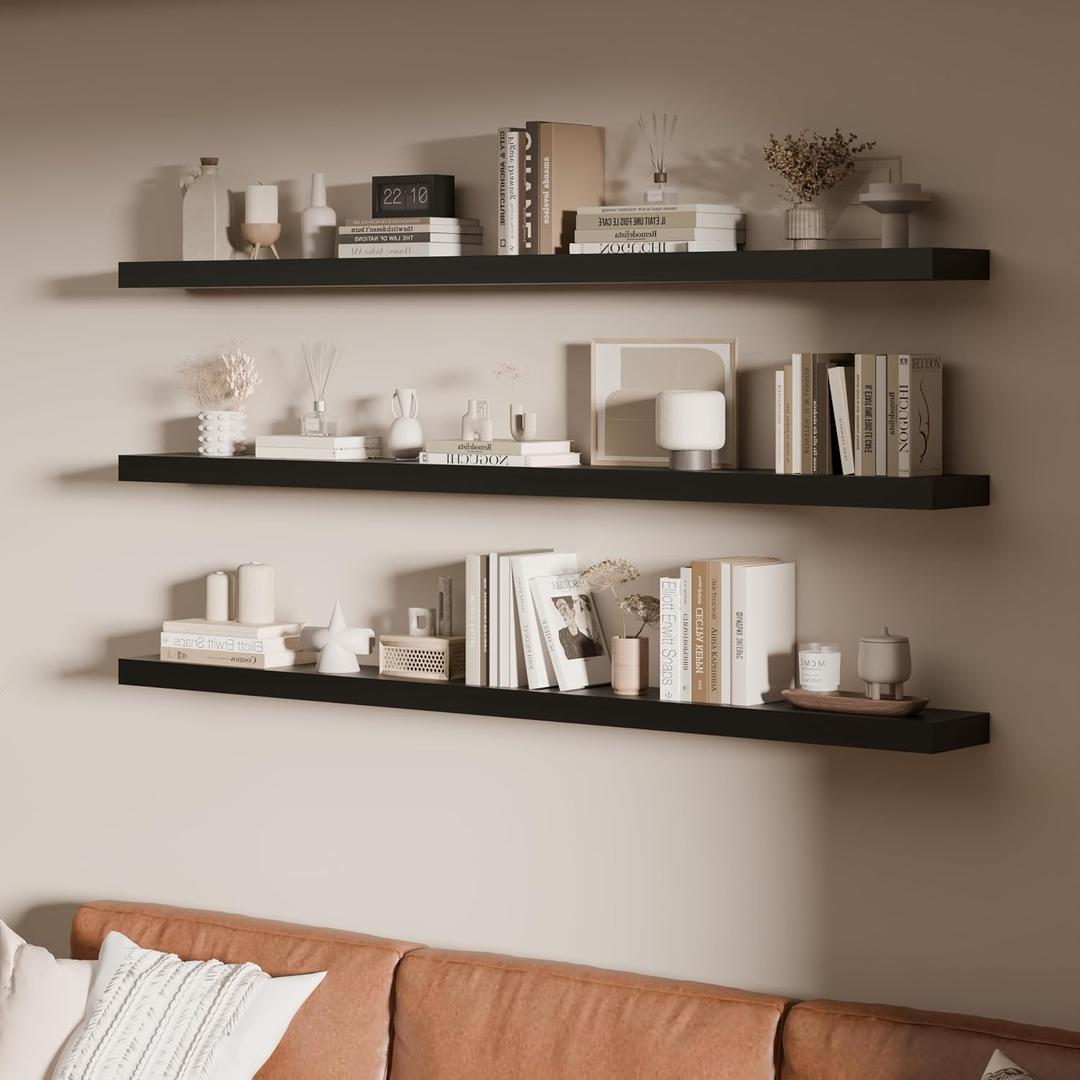60 Inch Long Solid Wood Floating Shelves Set of 3, Black, 60"L x 6.7"D, Set of 3